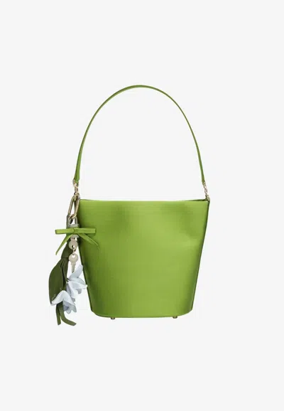 Self-portrait Satin Charm Bucket Bag In Green