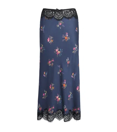 Self-portrait Satin Floral Print Maxi Skirt In Navy