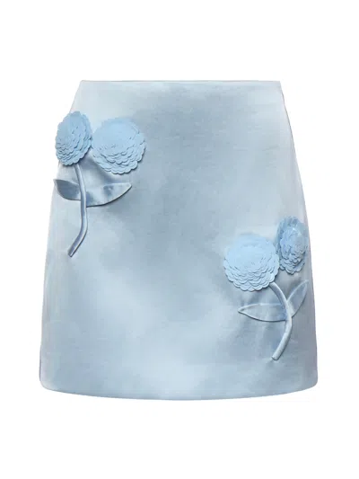 Self-portrait Satin Mini Skirt With Floral Appliques In Blue
