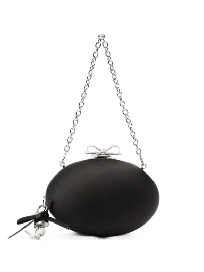 Self-portrait Satin Oval With Bow Padlock Charm Clutch In Black