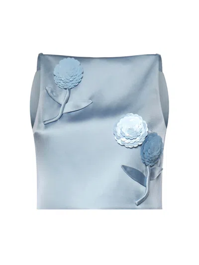Self-portrait Satin Top With Floral Appliques In Blue