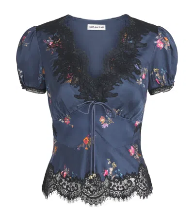 Self-portrait Satin-lace Floral Blouse In Blue