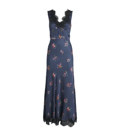 Self-portrait Satin-lace Floral Midi Dress In Navy