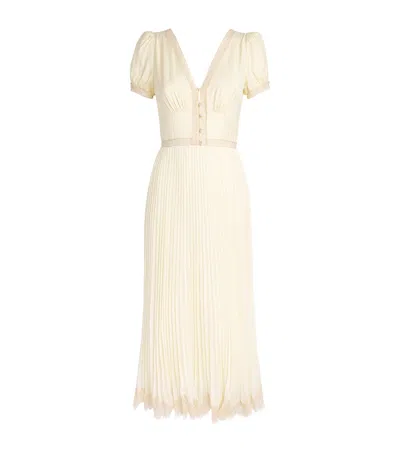 Self-portrait Lace-trimmed Pleated Crepe Midi Dress In Yellow