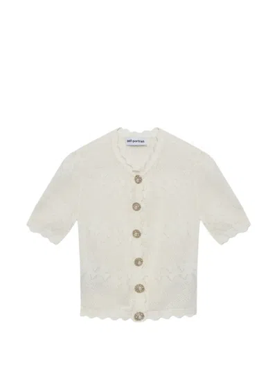 Self-portrait Scallop-edge Pointelle-knit Cardigan In White