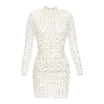 Pre-owned Self-portrait Self Portrait 2024 Rhinestone Mesh Champagne Tulle Embellished Mini Dress Uk6 Xs In White