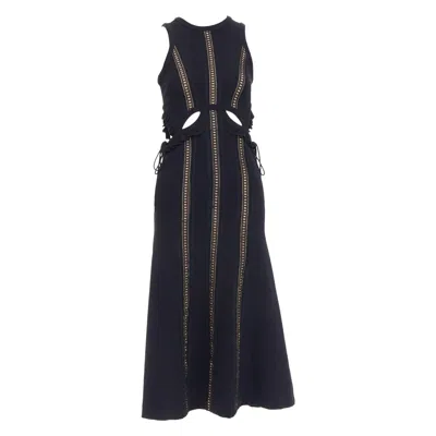 Pre-owned Self-portrait Self Portrait Black Lattice Cut Out Overlay Crew Midi Dress Uk6 Xs