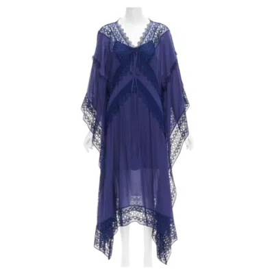 Pre-owned Self-portrait Self Portrait Blue Embroidery Anglais Tie Front Midi Kaftan Dress Uk8 S