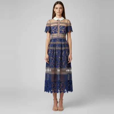 Pre-owned Self-portrait Self Portrait Blue Guipure Lace & Mesh Paneled Liliana Midi Dress S