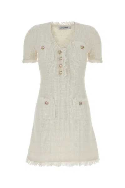 Self-portrait Ivory Midi Dress With Fringed V-neck And Jewel Details In White