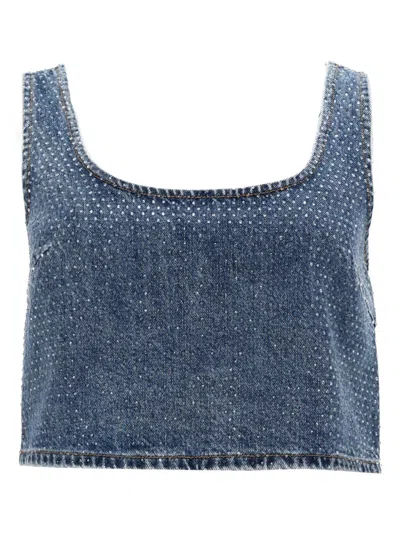 Self-portrait Cropped Denim Rhinestones Back Zipper Top In Blue