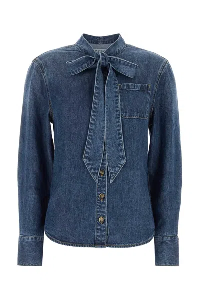 Self-portrait Self Portrait Denim Tie Neck Shirt In Blue