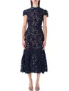 Self-portrait Guipure Blue Long Dress With Lace Design And Adjustable Waist Belt In Fabric Woman In Blue