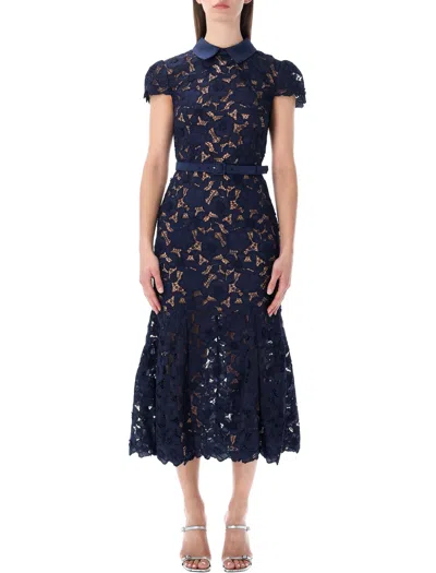 Self-portrait Guipure Blue Long Dress With Lace Design And Adjustable Waist Belt In Fabric Woman