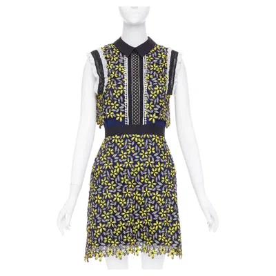 Pre-owned Self-portrait Self Portrait Eleina Daisy Guipure Yellow Navy Lace Floral Dress Uk4 Xxs