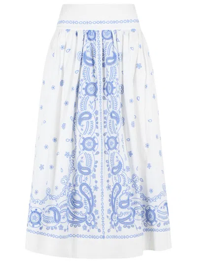 Self-portrait Self Portrait Embroidered Midi Skirt In White And Blue Cotton