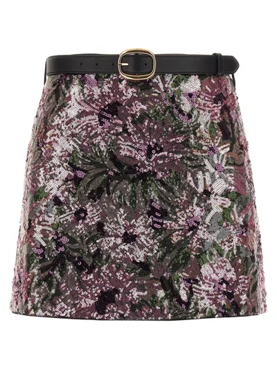 Self-portrait Sequin Mini Skirt Belted Waist Floral In Purple