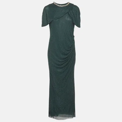 Pre-owned Self-portrait Self Portrait Green Rhinestone Embellished Knit Maxi Dress L