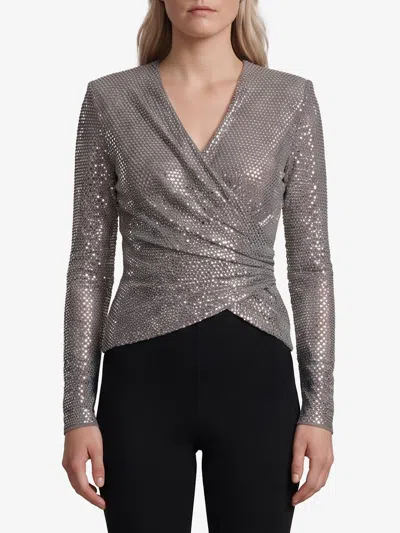 Self-portrait Self Portrait Grey Rhinestone Mesh Wrap Top In Gray