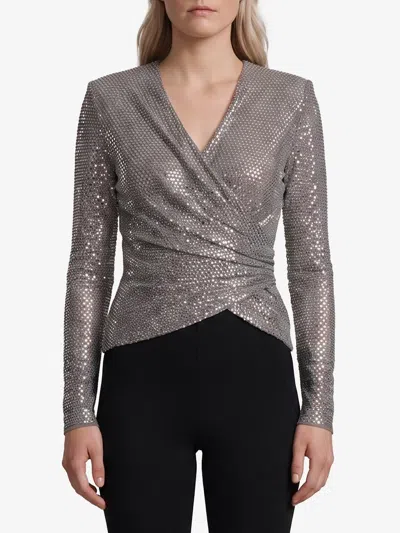 Self-portrait Self Portrait Grey Rhinestone Mesh Wrap Top In Gray