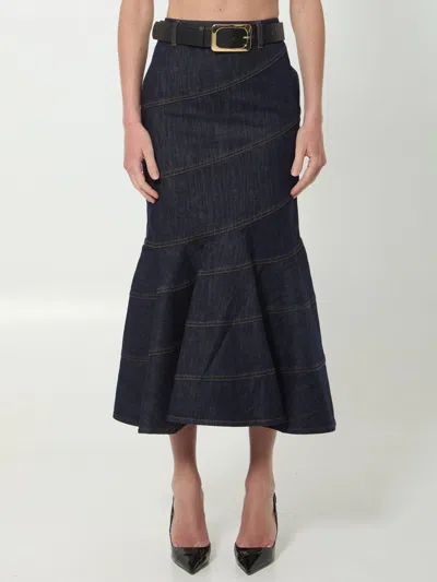 Self-portrait Self Portrait Indigo Denim Belted Midi Skirt In Black