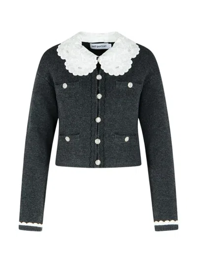 Self-portrait Self Portrait Lace Collar Cardigan In Gray