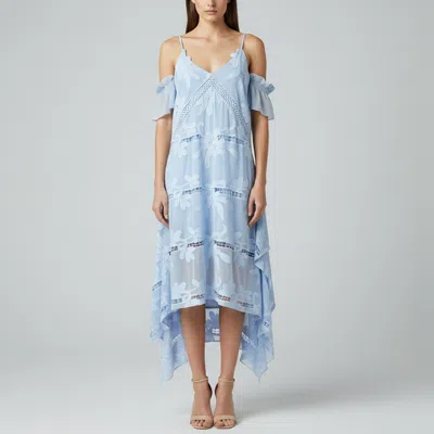 Pre-owned Self-portrait Self Portrait Lilac Blue Guipure Lace Cold Shoulder Midi Dress L