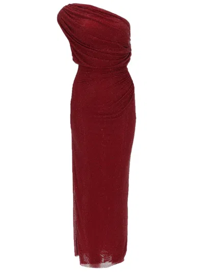 Self-portrait Self Portrait Draped Midi Dress With Rhinestones In Burgundy