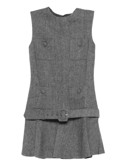 Self-portrait Self Portrait Mini Herringbone Wool Blend Sleeveless Dress With Removable Belt In Gray