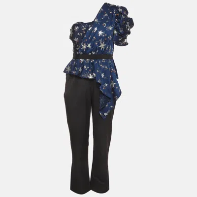 Pre-owned Self-portrait Self Portrait Navy Blue Star Satin Embellished One Shoulder Jumpsuit L