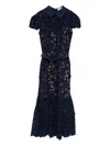 Self-portrait Guipure Blue Long Dress With Lace Design And Adjustable Waist Belt In Fabric Woman In Blue