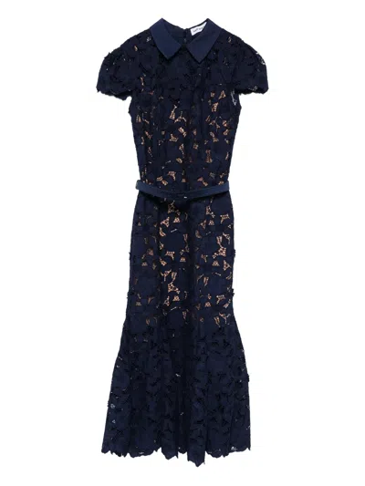 Self-portrait Guipure Blue Long Dress With Lace Design And Adjustable Waist Belt In Fabric Woman