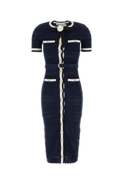 Self-portrait Embellished Bow-detailed Pointelle-knit Cotton-blend Midi Dress In Blue