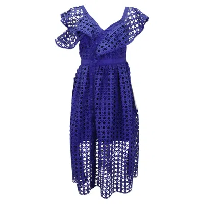 Pre-owned Self-portrait Self Portrait One Shoulder Ruffled Midi Dress In Blue Polyester Lace