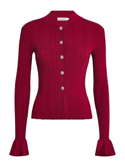 Self-portrait Self Portrait Pearl Trim Cardigan With Button Front - Women's In Burgundy