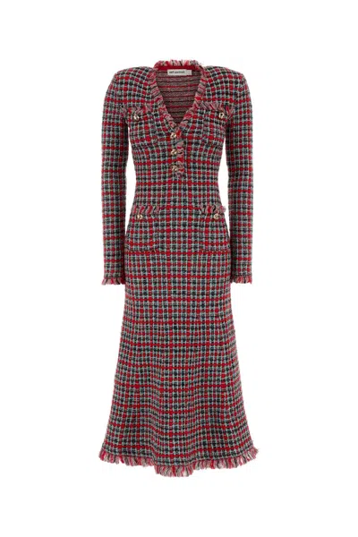 Self-portrait Self Portrait Red Check Frayed Knit Midi Dress In Multi