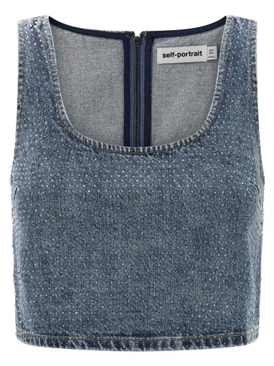 Self-portrait Self Portrait 'rhinestone Denim Crop' Top In Blue