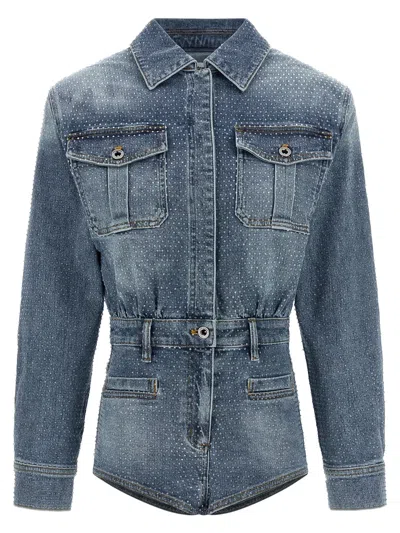 Self-portrait Self Portrait 'rhinestone Denim' Jumpsuit In Blue