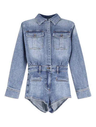 Self-portrait Self Portrait Rhinestone Denim Playsuit In Blue