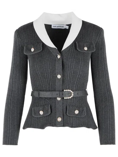 Self-portrait Self Portrait Ribbed Cardigan In Grey Viscose Blend