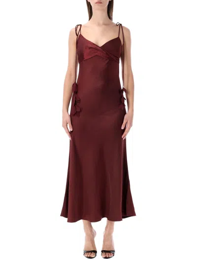 Self-portrait Bordeaux Long Dress With Knotted Shoulder Straps And Floral Details In Fabric Woman In Brown