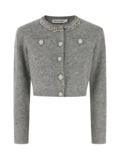 Self-portrait Self Portrait Scalloped-collar Embellished Cardigan In Gray