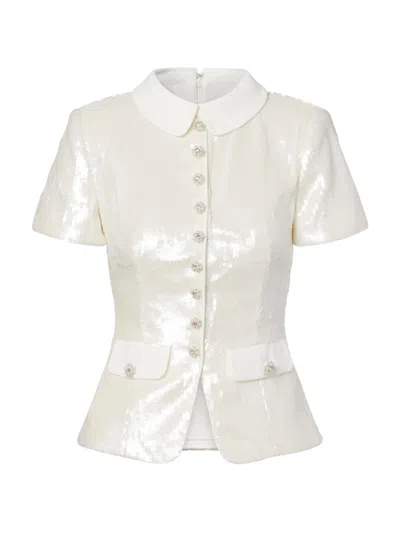 Self-portrait Self Portrait Sequin Mini Top With Floral Buttons And Pockets In Black