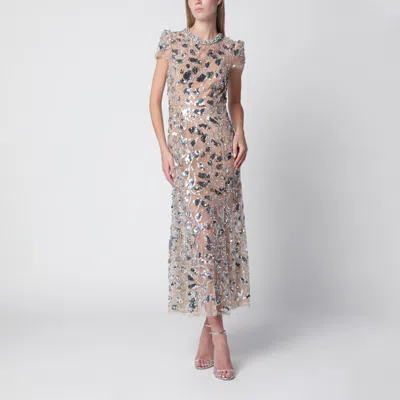 Self-portrait Silver Sequin Embellished Midi Dress With Flared Silhouette In White