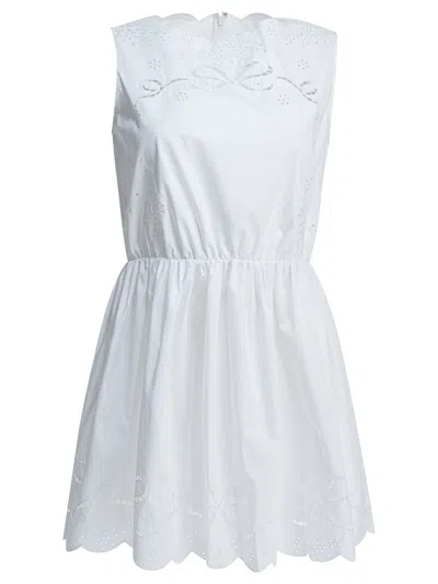 Self-portrait Poplin Mini Dress Embroidered Waist Scalloped Hem In Green