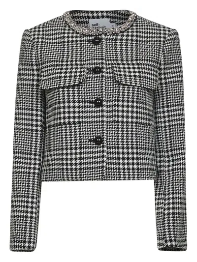 Self-portrait Self Portrait Stylish Houndstooth Jacket With Flap Pockets For Women - Fw25 In Black