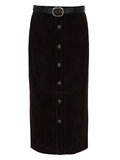Self-portrait Button-down Slim Belt Suede Midi Skirt In Black