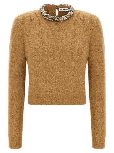 Self-portrait Self Portrait Sweater With Jewel Embroidery In Brown