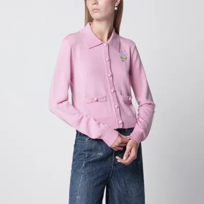 Self-portrait Self Portrait Wool Knit Cardigan With Floral Embroidery In Pink