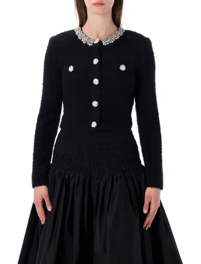 Self-portrait Embellished Crewneck Cardigan In Black